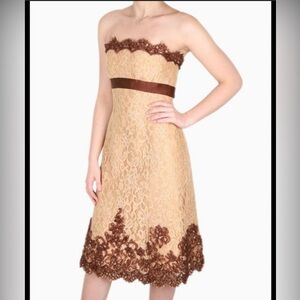 Badgley Mischka Strapless Lace Cocktail Dress Empire Waist Beige & Brown Size 14